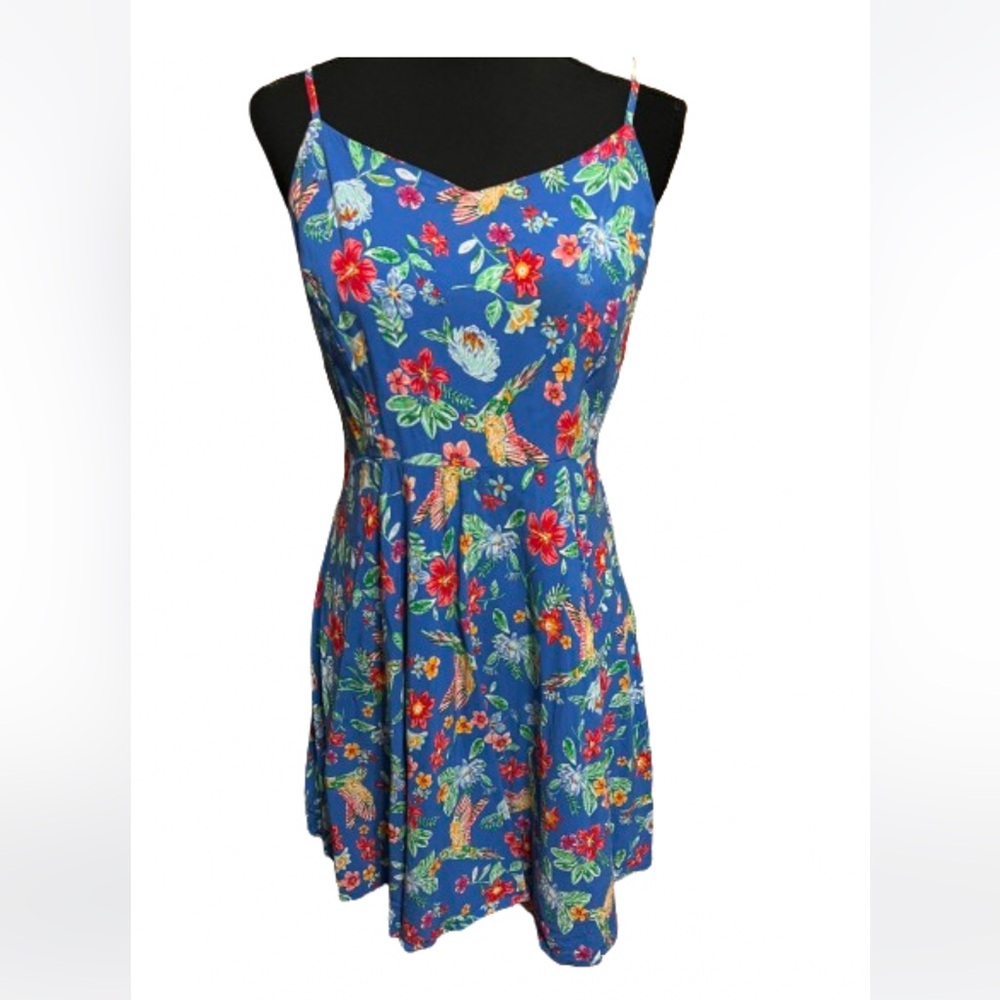 Old Navy Large Blue Tropical Bird Floral Fit & Flare Cami Sundress
